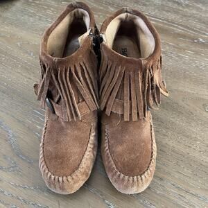 Born Boots Womens Size 7 Brown Suede Fringe Western Chunky Heel Shoes Festival
